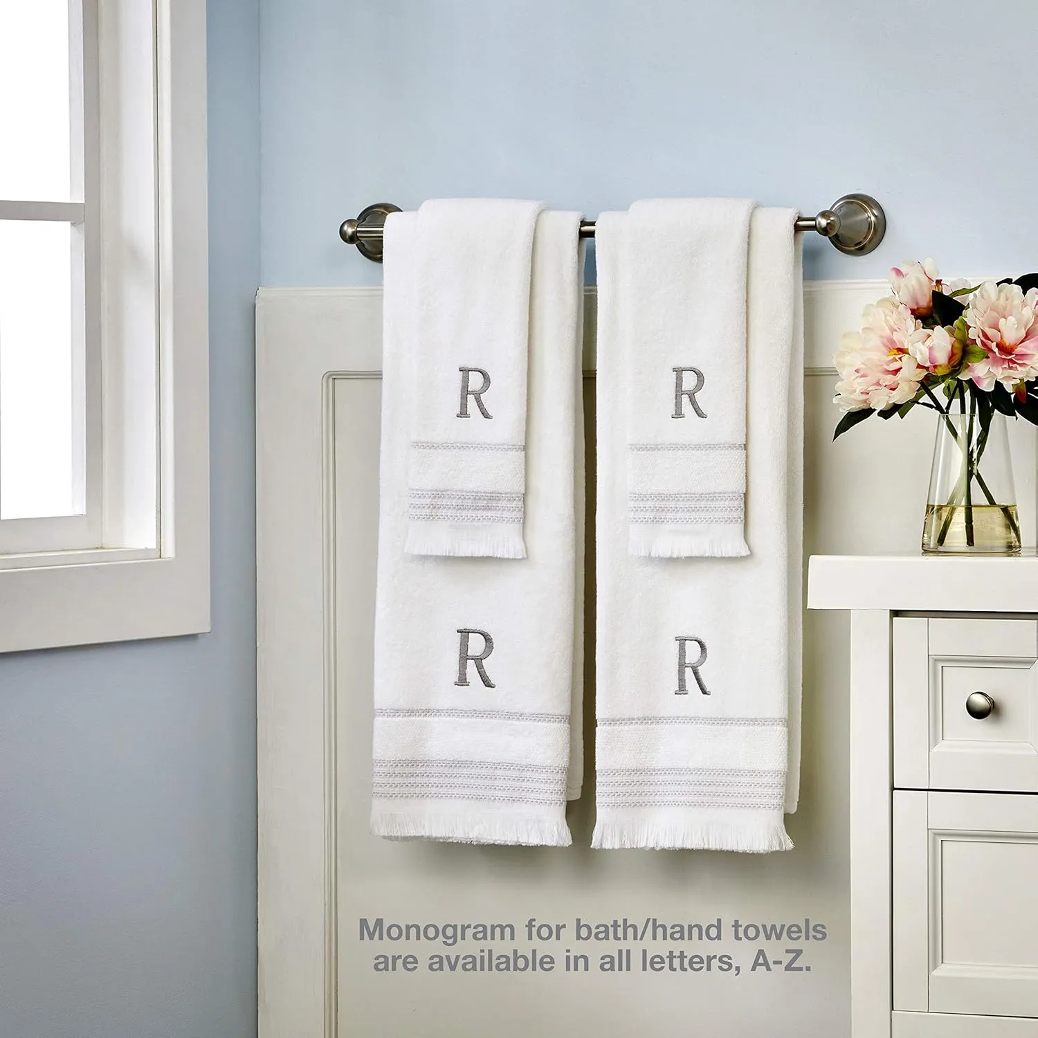 SKL Home Casual Monogram Hand Towel Set, H, 16x26, White 2 Count