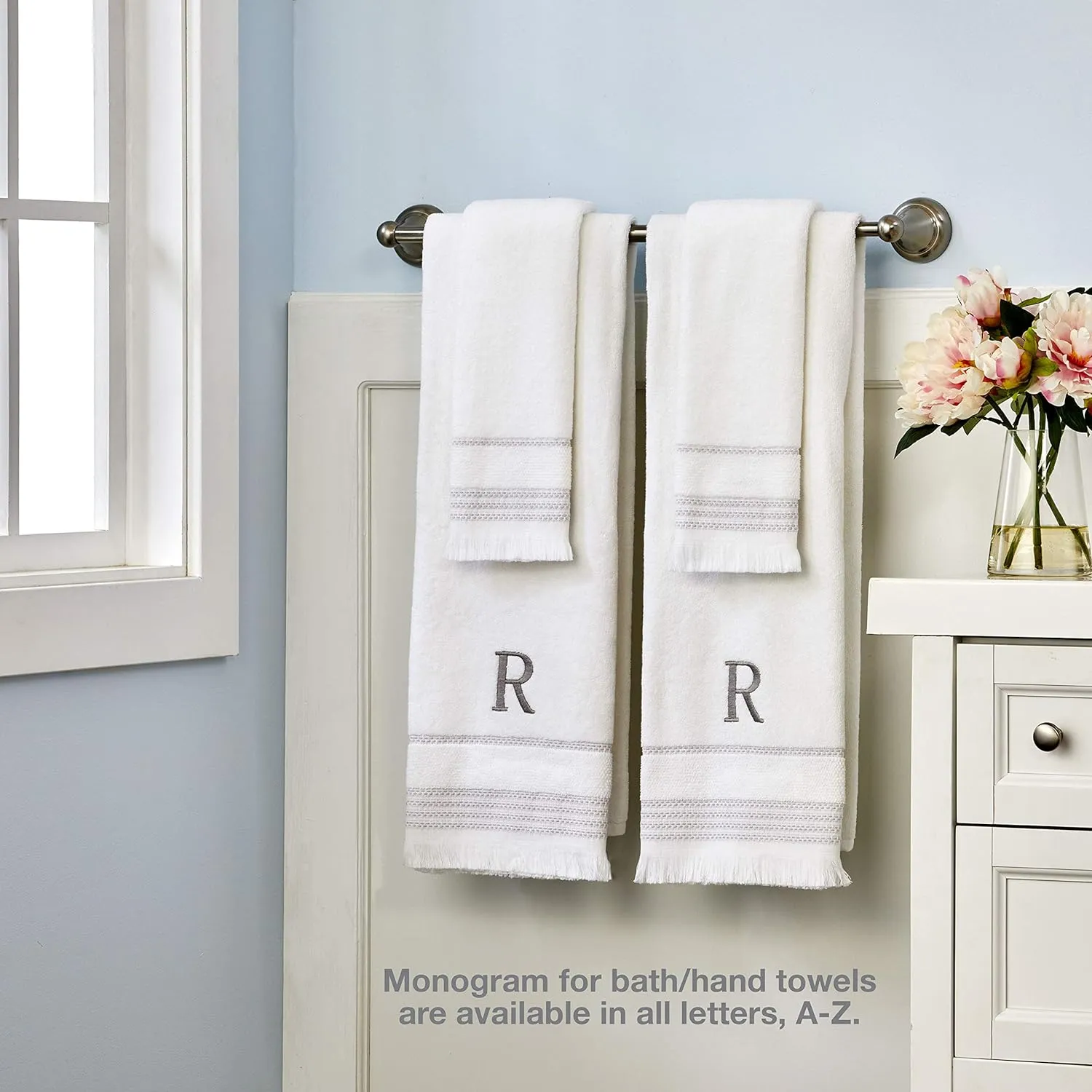 SKL Home Casual Monogram Hand Towel Set, H, 16x26, White 2 Count