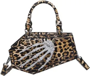 Skull Hand Leopard Print Tote Women's Gothic Coffin Bag Shoulder Crossbody Bag