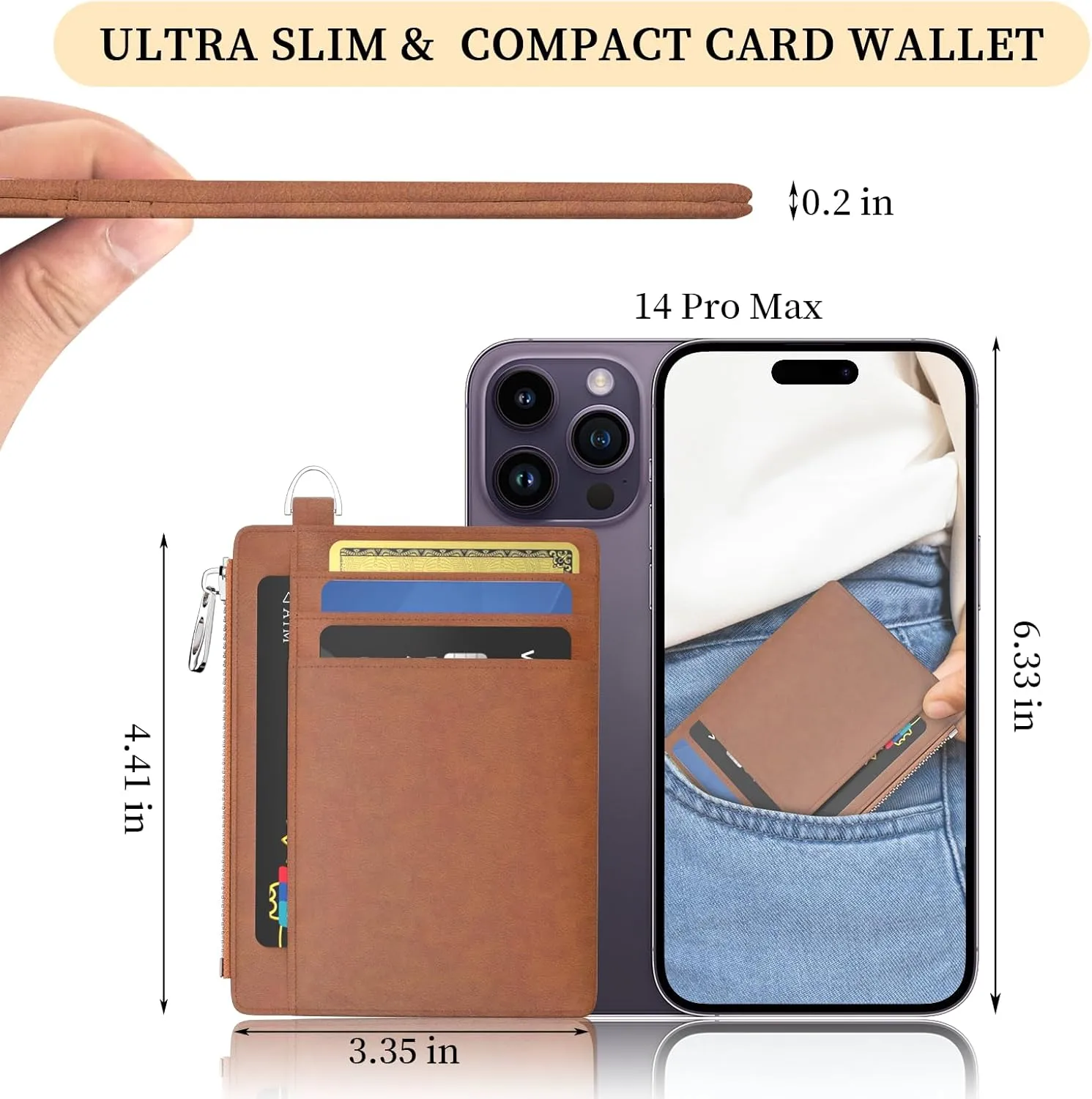 Slim Wallet Women Credit Card Holder Minimalist Brown Vintage RFID Small Mini Card Case Front Pocket PU Leather Thin Travel Zipper Coin Cash ID Window Girls Wallet Gifts