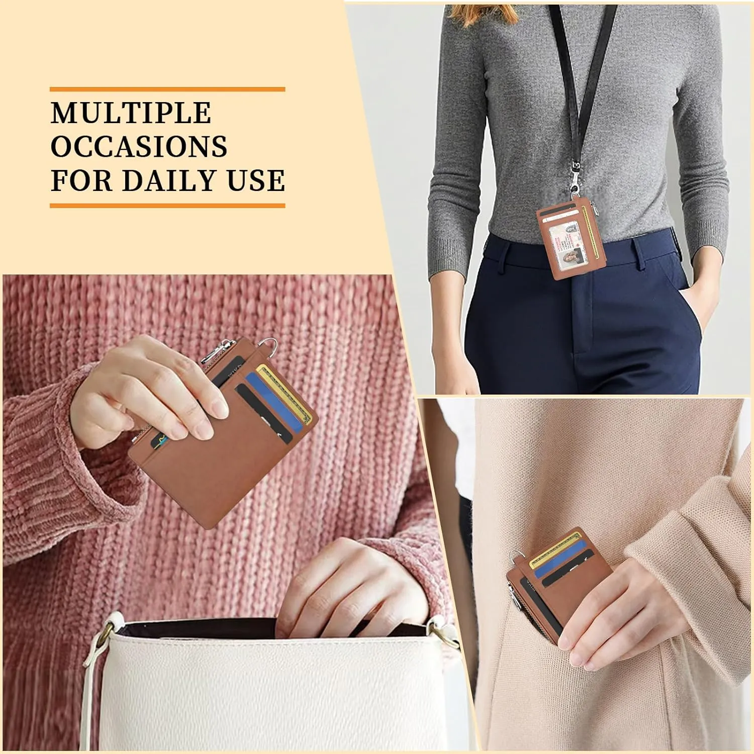 Slim Wallet Women Credit Card Holder Minimalist Brown Vintage RFID Small Mini Card Case Front Pocket PU Leather Thin Travel Zipper Coin Cash ID Window Girls Wallet Gifts