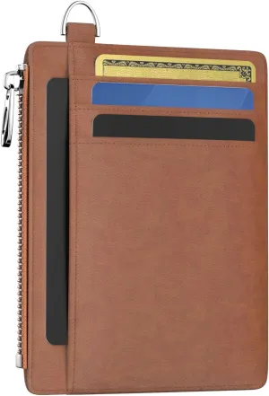 Slim Wallet Women Credit Card Holder Minimalist Brown Vintage RFID Small Mini Card Case Front Pocket PU Leather Thin Travel Zipper Coin Cash ID Window Girls Wallet Gifts