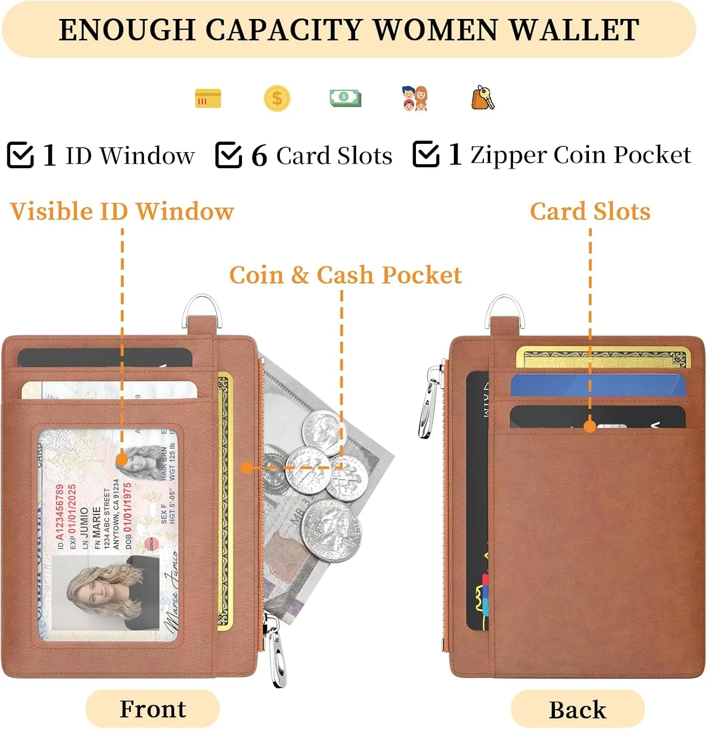 Slim Wallet Women Credit Card Holder Minimalist Brown Vintage RFID Small Mini Card Case Front Pocket PU Leather Thin Travel Zipper Coin Cash ID Window Girls Wallet Gifts