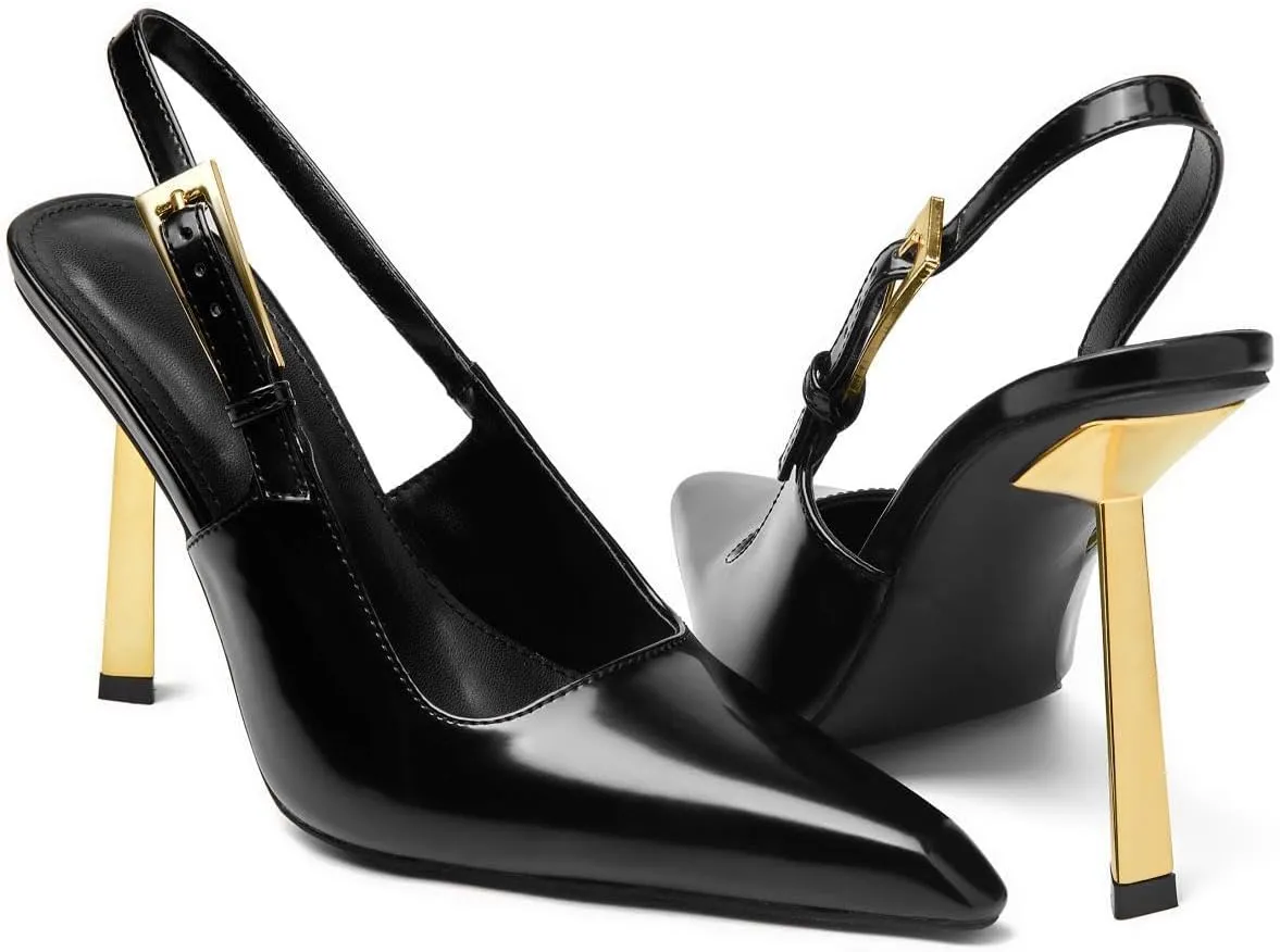 Slingback Pointed Closed Toe Stiletto High Heels Pumps for Women Ankle Strap Metal Buckle Backless Patent Leather Slip-on Banquet Dress Sandals Shoes