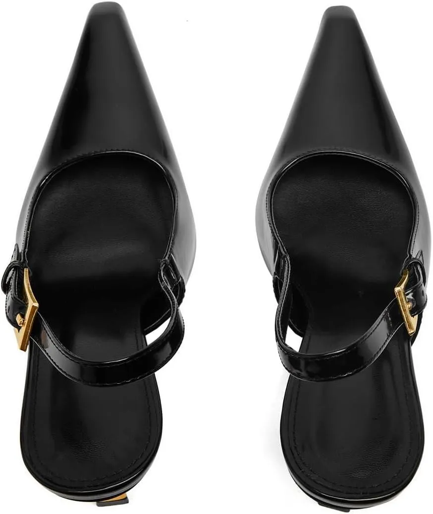 Slingback Pointed Closed Toe Stiletto High Heels Pumps for Women Ankle Strap Metal Buckle Backless Patent Leather Slip-on Banquet Dress Sandals Shoes