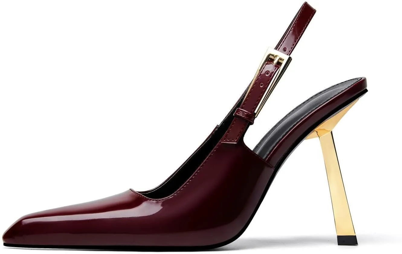 Slingback Pointed Closed Toe Stiletto High Heels Pumps for Women Ankle Strap Metal Buckle Backless Patent Leather Slip-on Banquet Dress Sandals Shoes