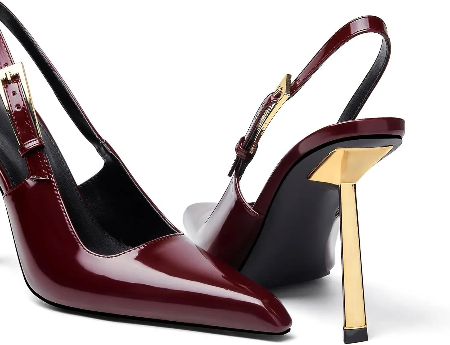 Slingback Pointed Closed Toe Stiletto High Heels Pumps for Women Ankle Strap Metal Buckle Backless Patent Leather Slip-on Banquet Dress Sandals Shoes