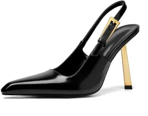 Slingback Pointed Closed Toe Stiletto High Heels Pumps for Women Ankle Strap Metal Buckle Backless Patent Leather Slip-on Banquet Dress Sandals Shoes