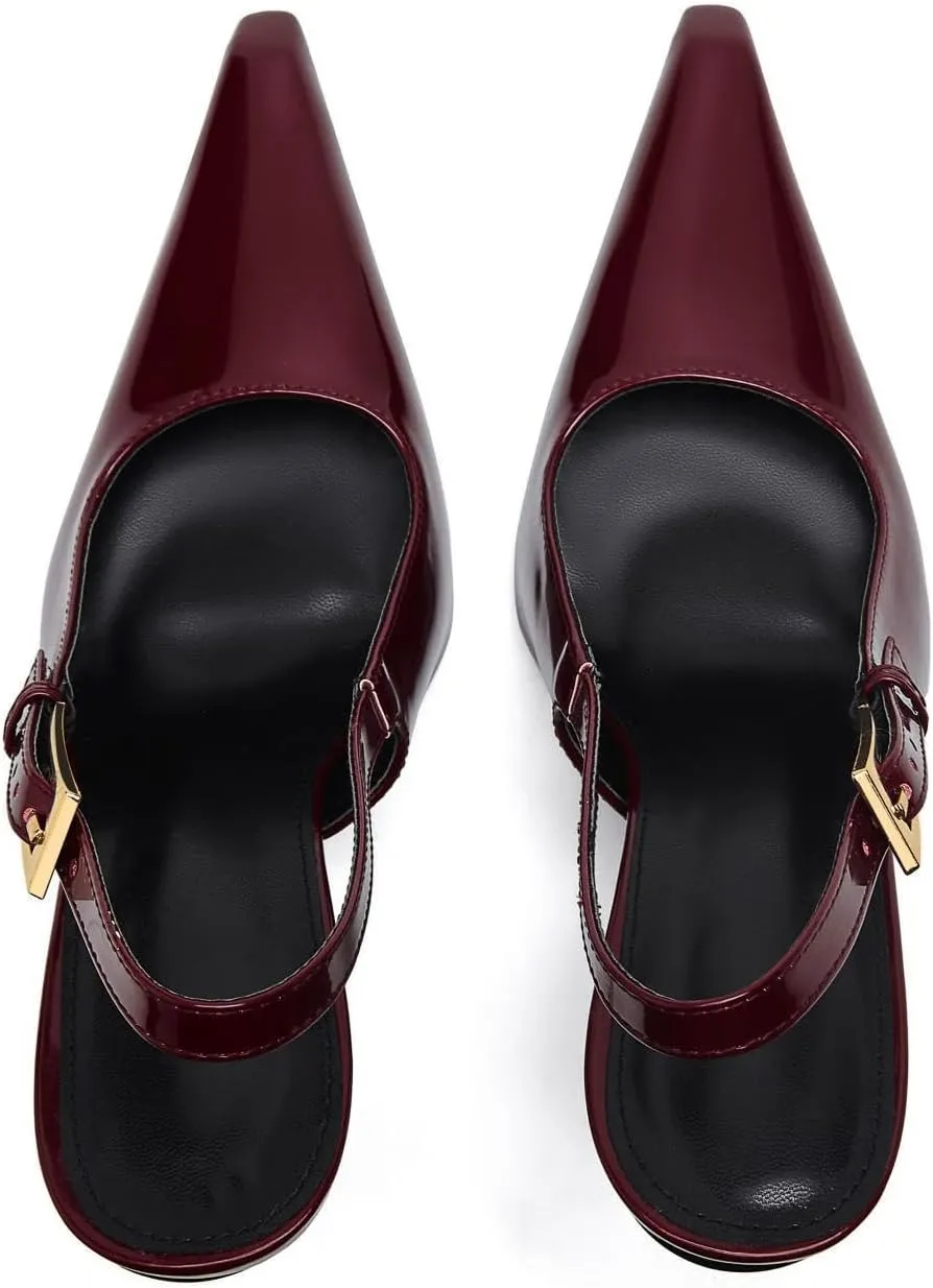 Slingback Pointed Closed Toe Stiletto High Heels Pumps for Women Ankle Strap Metal Buckle Backless Patent Leather Slip-on Banquet Dress Sandals Shoes