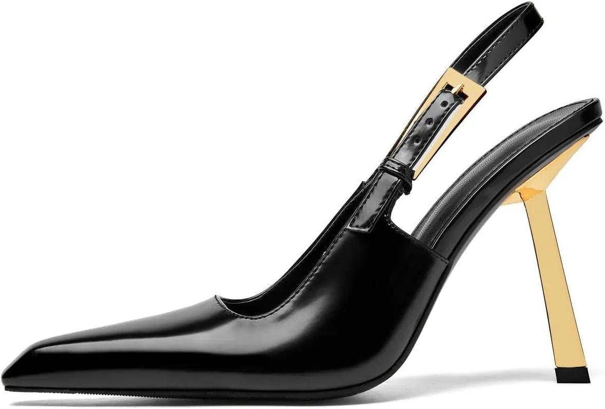 Slingback Pointed Closed Toe Stiletto High Heels Pumps for Women Ankle Strap Metal Buckle Backless Patent Leather Slip-on Banquet Dress Sandals Shoes
