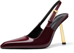 Slingback Pointed Closed Toe Stiletto High Heels Pumps for Women Ankle Strap Metal Buckle Backless Patent Leather Slip-on Banquet Dress Sandals Shoes