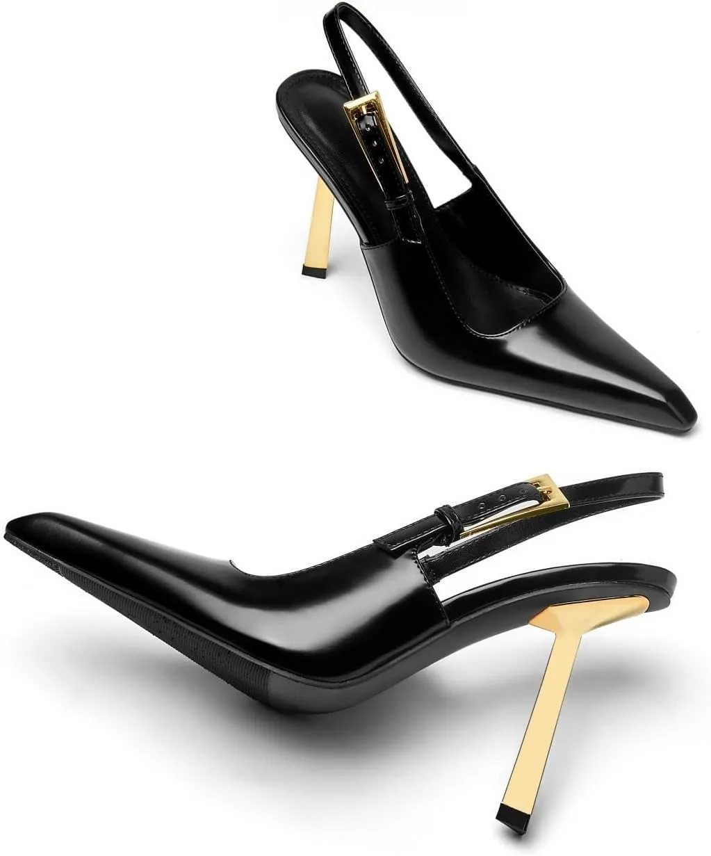 Slingback Pointed Closed Toe Stiletto High Heels Pumps for Women Ankle Strap Metal Buckle Backless Patent Leather Slip-on Banquet Dress Sandals Shoes