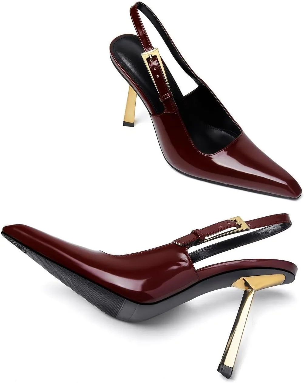Slingback Pointed Closed Toe Stiletto High Heels Pumps for Women Ankle Strap Metal Buckle Backless Patent Leather Slip-on Banquet Dress Sandals Shoes
