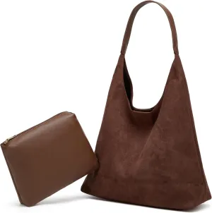 Slouchy Suede Hobo Bags for Women Tote Bag Faux Leather Suede Shoulder Bag Crossbody Purses Top-Handle Handbags 2pcs