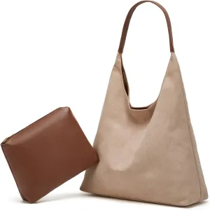 Slouchy Suede Hobo Bags for Women Tote Bag Faux Leather Suede Shoulder Bag Crossbody Purses Top-Handle Handbags 2pcs