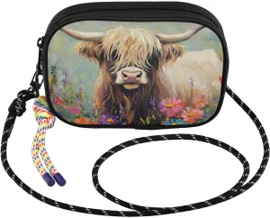 Small Crossbody Bags Cute Highland Cow Flowers for Women Cell Phone Purses Shoulder Bag Handbag with Adjustable Strap