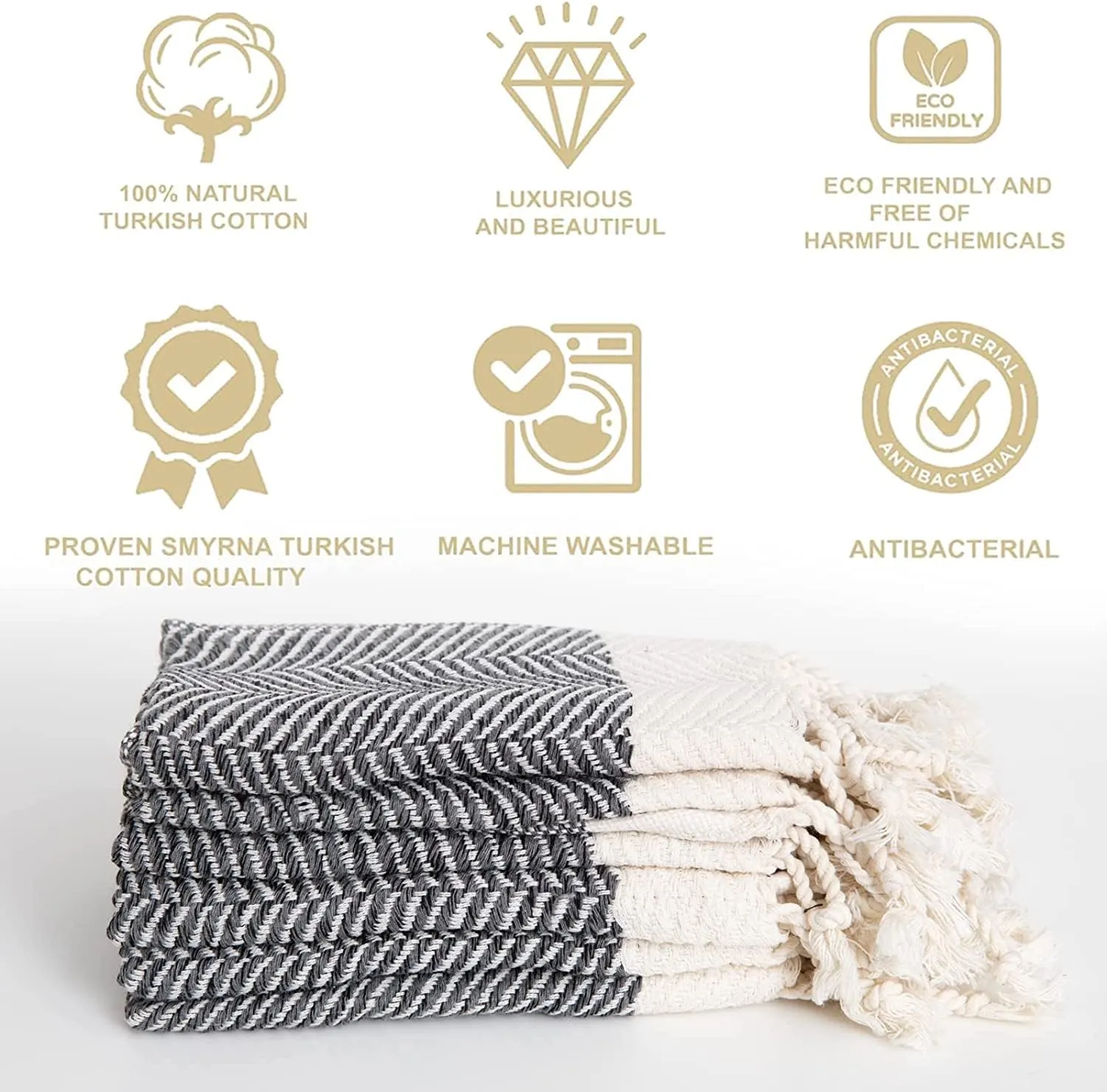 SMYRNA TURKISH COTTON Herringbone Series Kitchen Dish Towels Pack of 6, Machine Washable Wash Cloths, Ultra Soft, Absorbent, Prewashed and Quick Dry Turkish Dish Towels, 12x12 Inch (Dark Gray)
