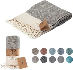 SMYRNA TURKISH COTTON Herringbone Series Large Throw Blanket 60 x 80 inches Large, Outdoor Blankets, for Couch, Sofa, Bed, Chair, Beach Picnic, Travel Boho Turkish Blanket Throw, Beige