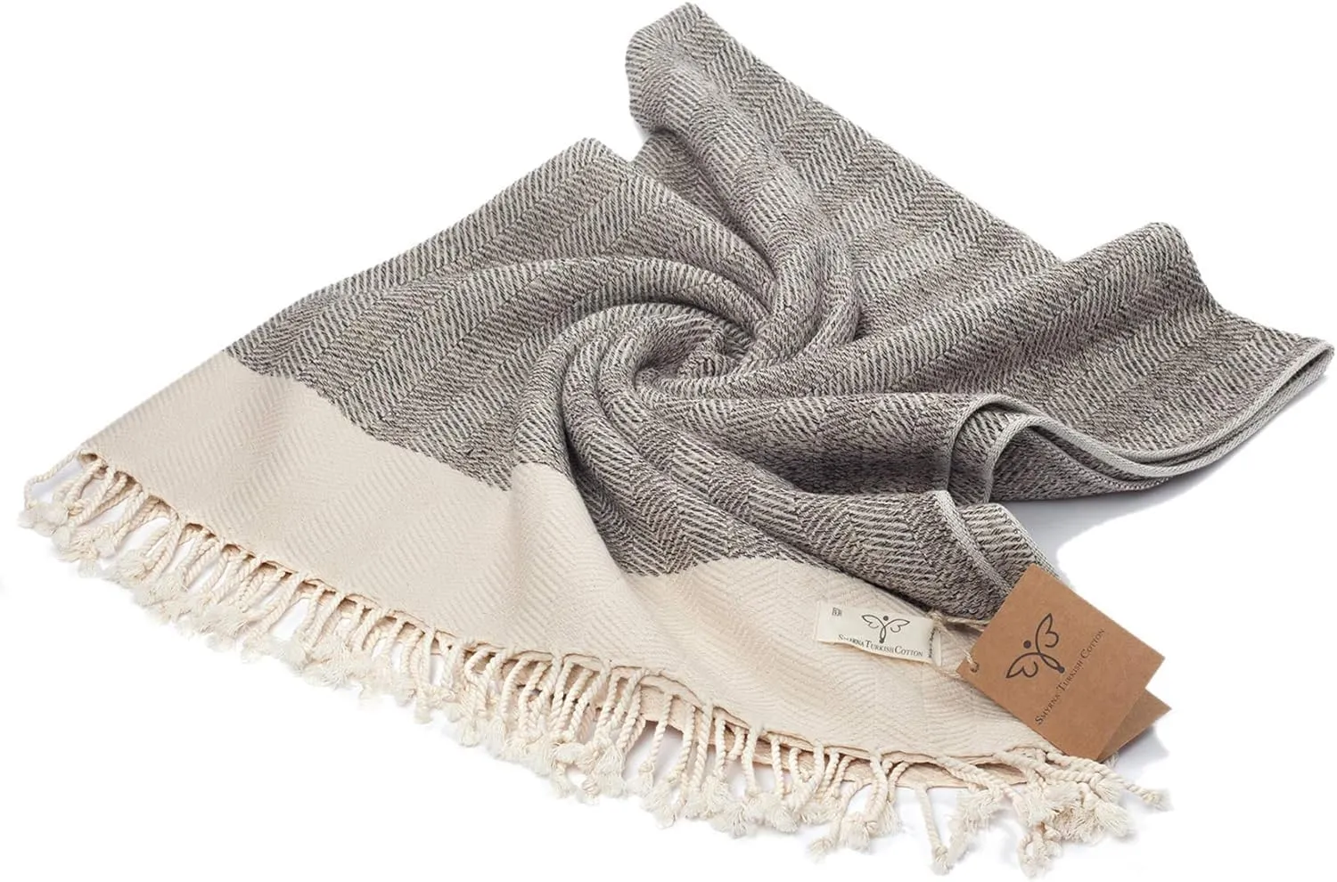 SMYRNA TURKISH COTTON Herringbone Series Large Throw Blanket 60 x 80 inches Large, Outdoor Blankets, for Couch, Sofa, Bed, Chair, Beach Picnic, Travel Boho Turkish Blanket Throw, Beige
