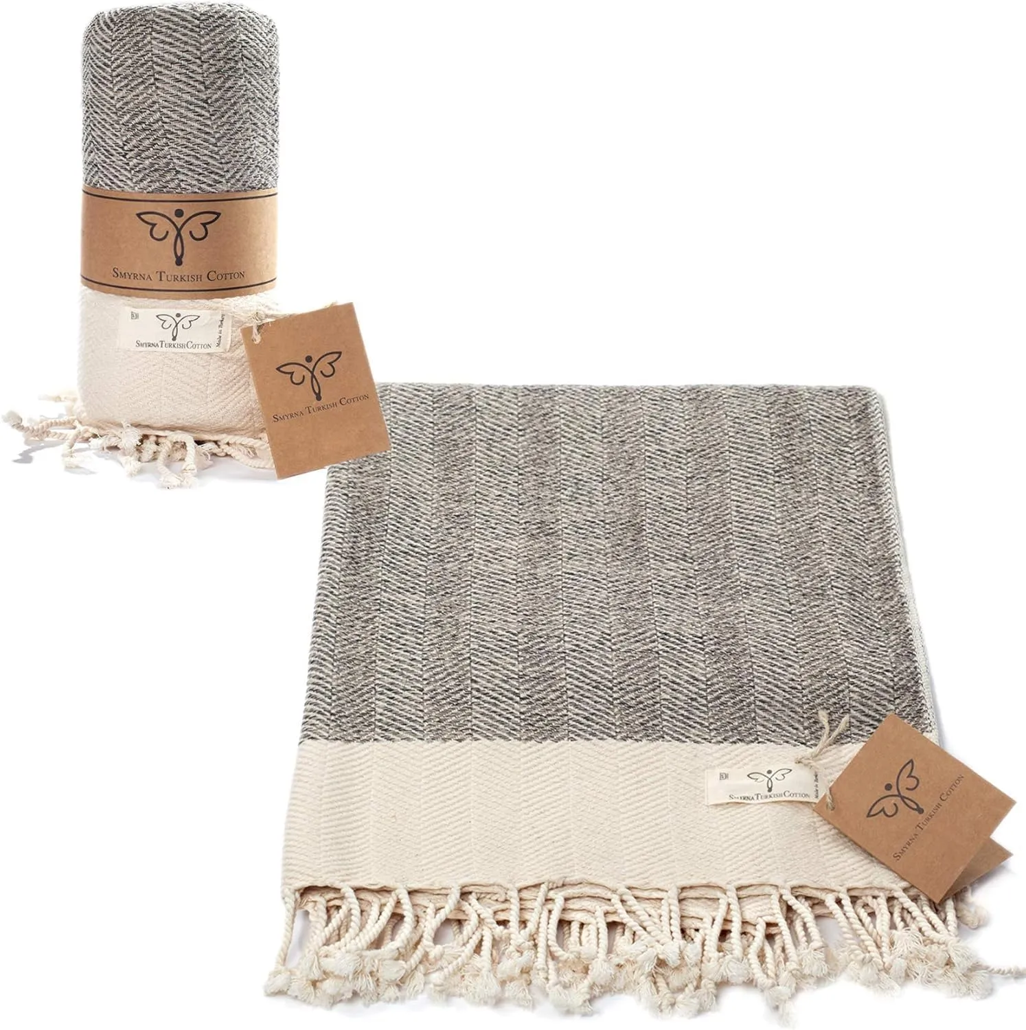 SMYRNA TURKISH COTTON Herringbone Series Large Throw Blanket 60 x 80 inches Large, Outdoor Blankets, for Couch, Sofa, Bed, Chair, Beach Picnic, Travel Boho Turkish Blanket Throw, Beige