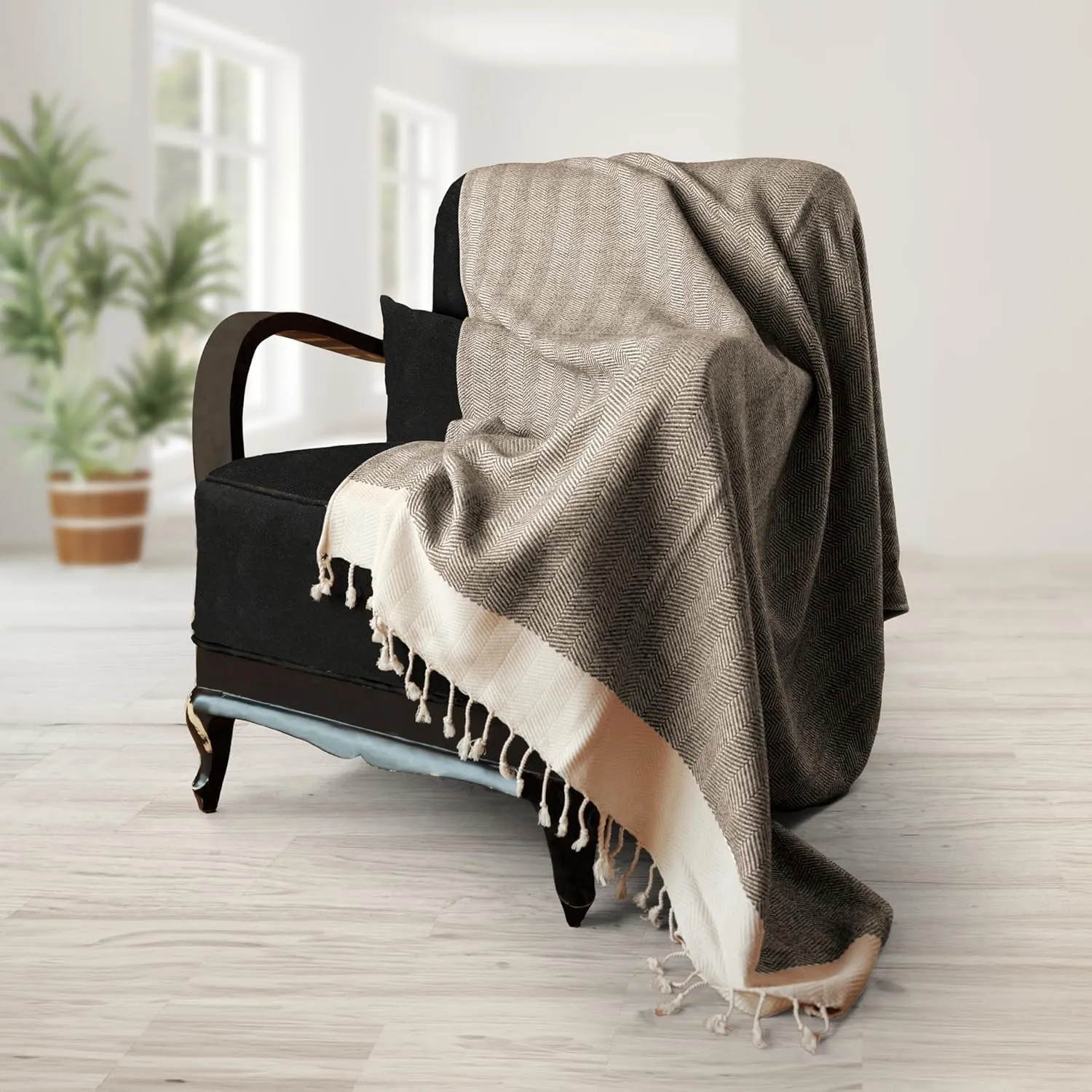 SMYRNA TURKISH COTTON Herringbone Series Large Throw Blanket 60 x 80 inches Large, Outdoor Blankets, for Couch, Sofa, Bed, Chair, Beach Picnic, Travel Boho Turkish Blanket Throw, Beige
