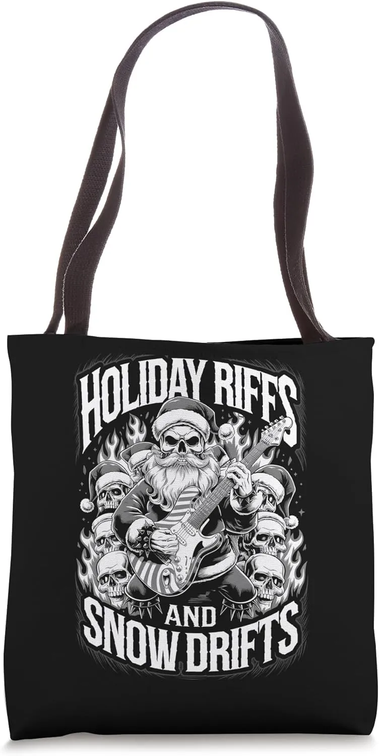 Snow Drifts Christmas Metalhead Skull Santa Metal Guitarist Tote Bag