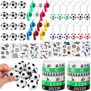 Soccer Party Favors Set, Soccer Toy Whistle Stress Ball Keychain Silicone Bracelet Soccer Stickers for Soccer Birthday Party Soccer Goodie Bag Fillers(70 Pcs)