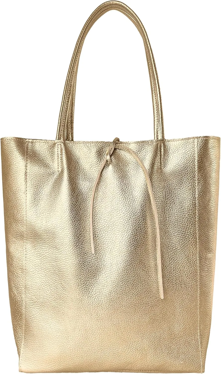 Soft Italian Genuine Calf Leather Metallic Tote Bag | Unstructured Unlined Shopper with Zipper & Inside Pocket