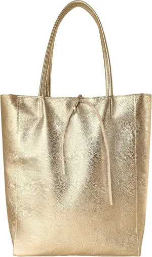 Soft Italian Genuine Calf Leather Metallic Tote Bag | Unstructured Unlined Shopper with Zipper & Inside Pocket