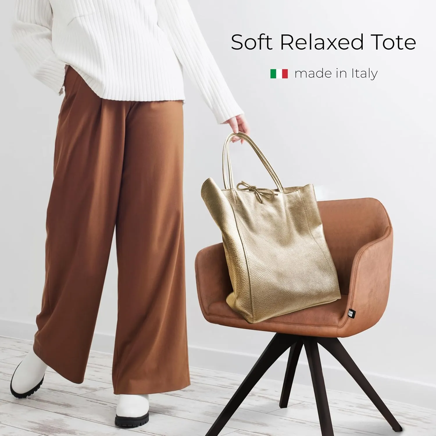 Soft Italian Genuine Calf Leather Metallic Tote Bag | Unstructured Unlined Shopper with Zipper & Inside Pocket