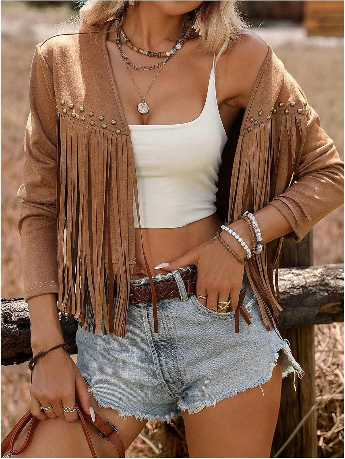 SOLY HUX Women's Faux Suede Fringe Trim Long Sleeve Open Front Cardigan Jacket Western Concert Outfits
