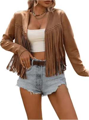 SOLY HUX Women's Faux Suede Fringe Trim Long Sleeve Open Front Cardigan Jacket Western Concert Outfits