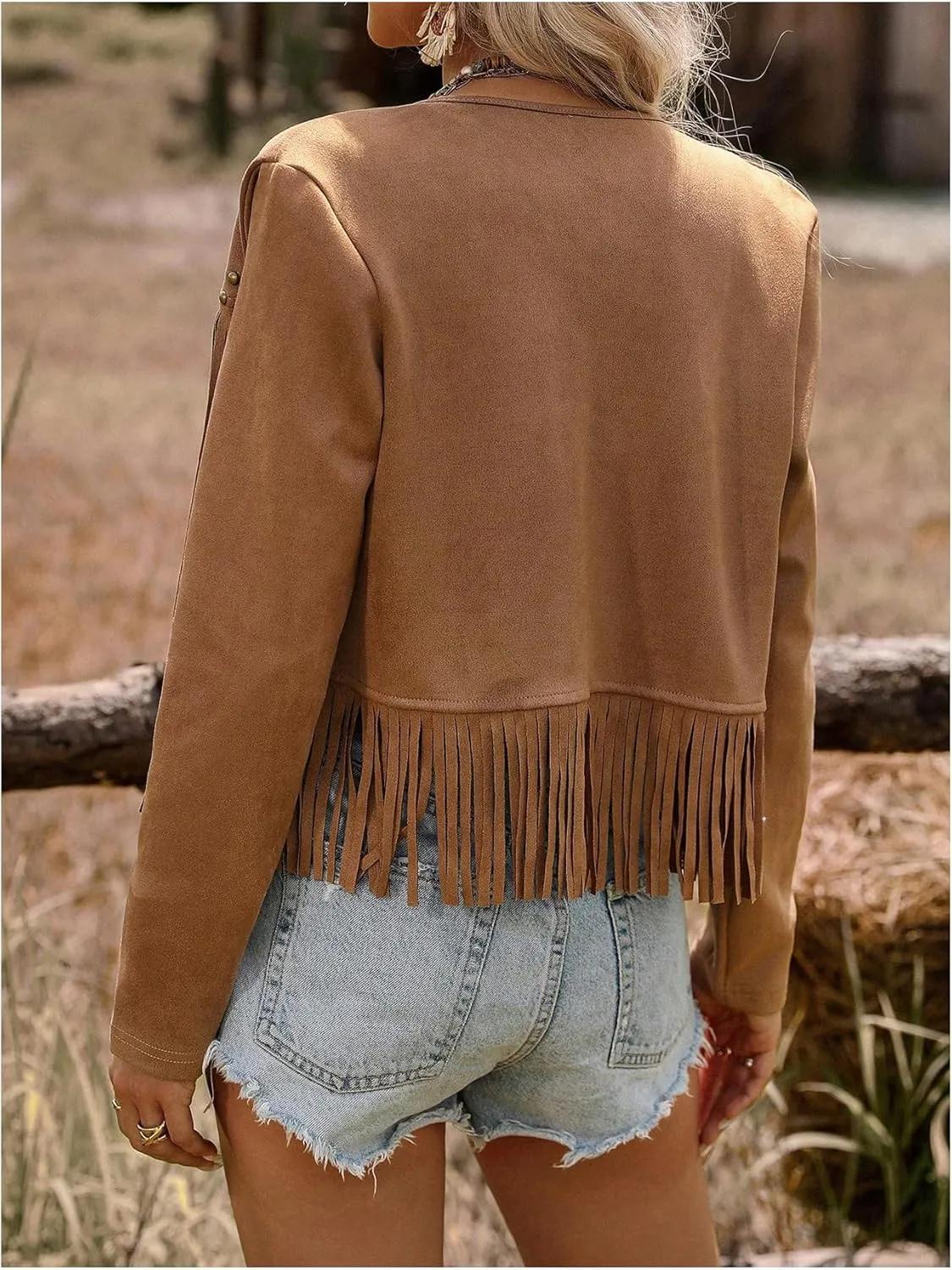 SOLY HUX Women's Faux Suede Fringe Trim Long Sleeve Open Front Cardigan Jacket Western Concert Outfits