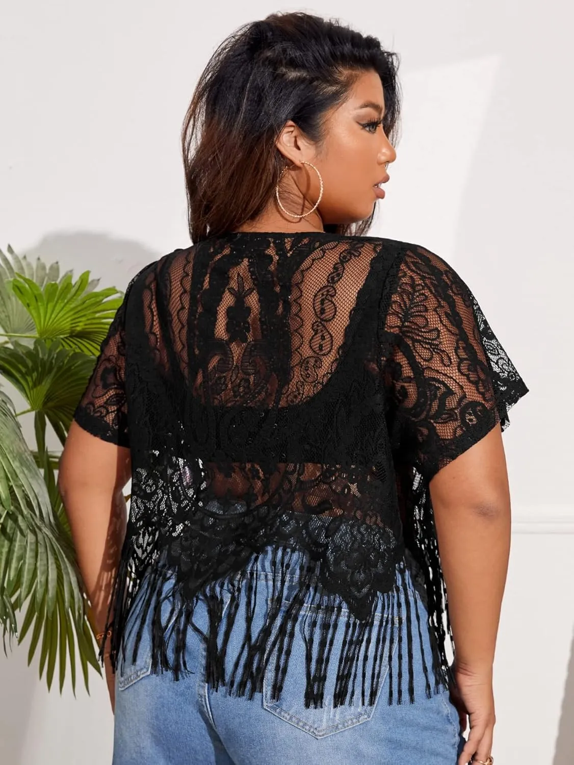 SOLY HUX Women's Plus Size Sheer Lace Fringe Hem Short Sleeve Tee T Shirt Tops