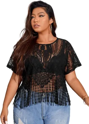 SOLY HUX Women's Plus Size Sheer Lace Fringe Hem Short Sleeve Tee T Shirt Tops