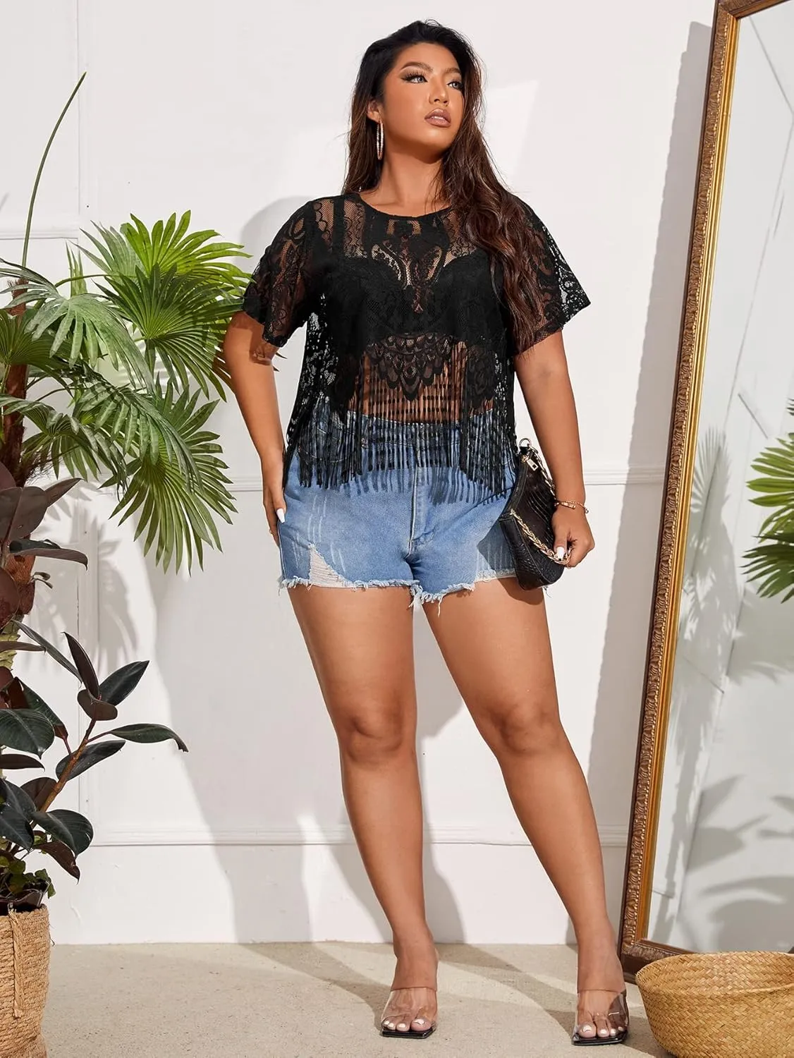 SOLY HUX Women's Plus Size Sheer Lace Fringe Hem Short Sleeve Tee T Shirt Tops