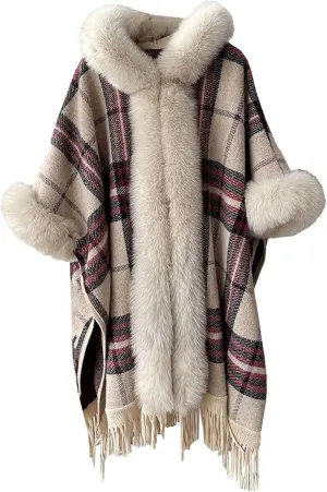SOMTHRON Women's Faux Fur Trim Shawl Wrap Poncho Cape Coat Open Front Winter Fringe Hooded Knitted Sweater Cardigan