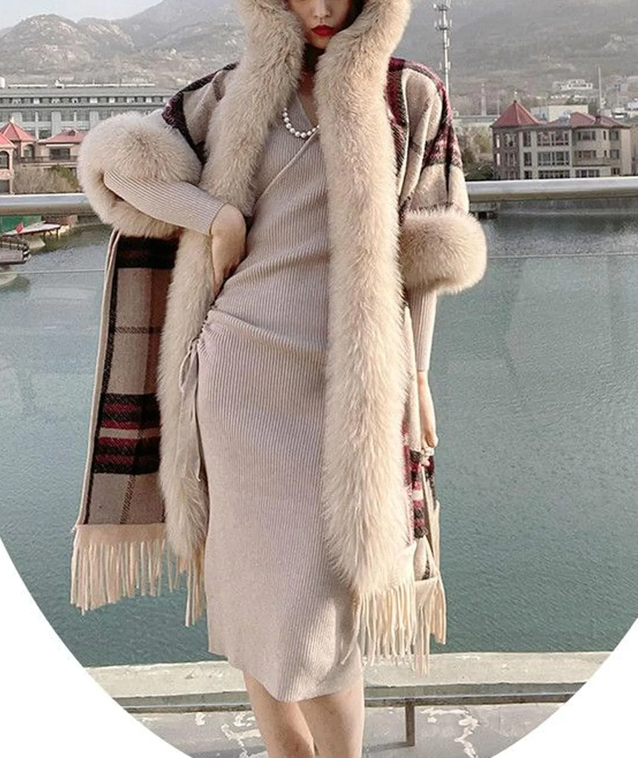 SOMTHRON Women's Faux Fur Trim Shawl Wrap Poncho Cape Coat Open Front Winter Fringe Hooded Knitted Sweater Cardigan