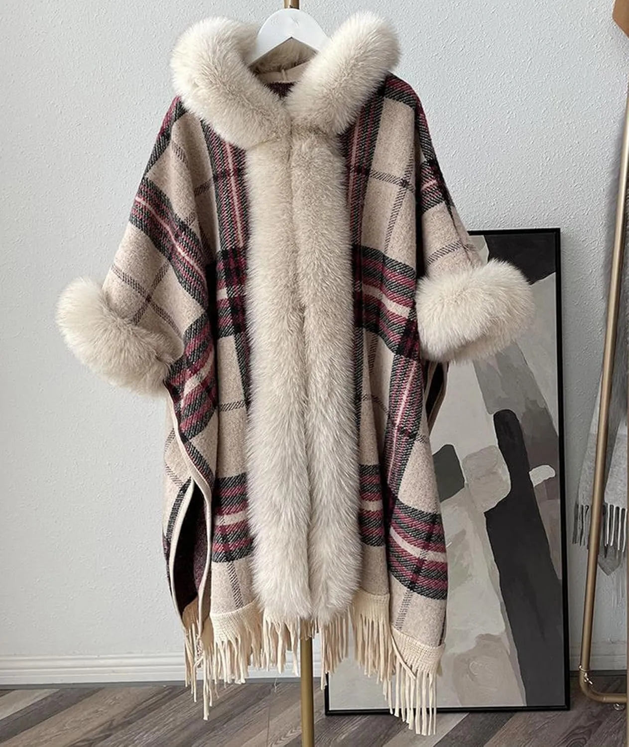 SOMTHRON Women's Faux Fur Trim Shawl Wrap Poncho Cape Coat Open Front Winter Fringe Hooded Knitted Sweater Cardigan