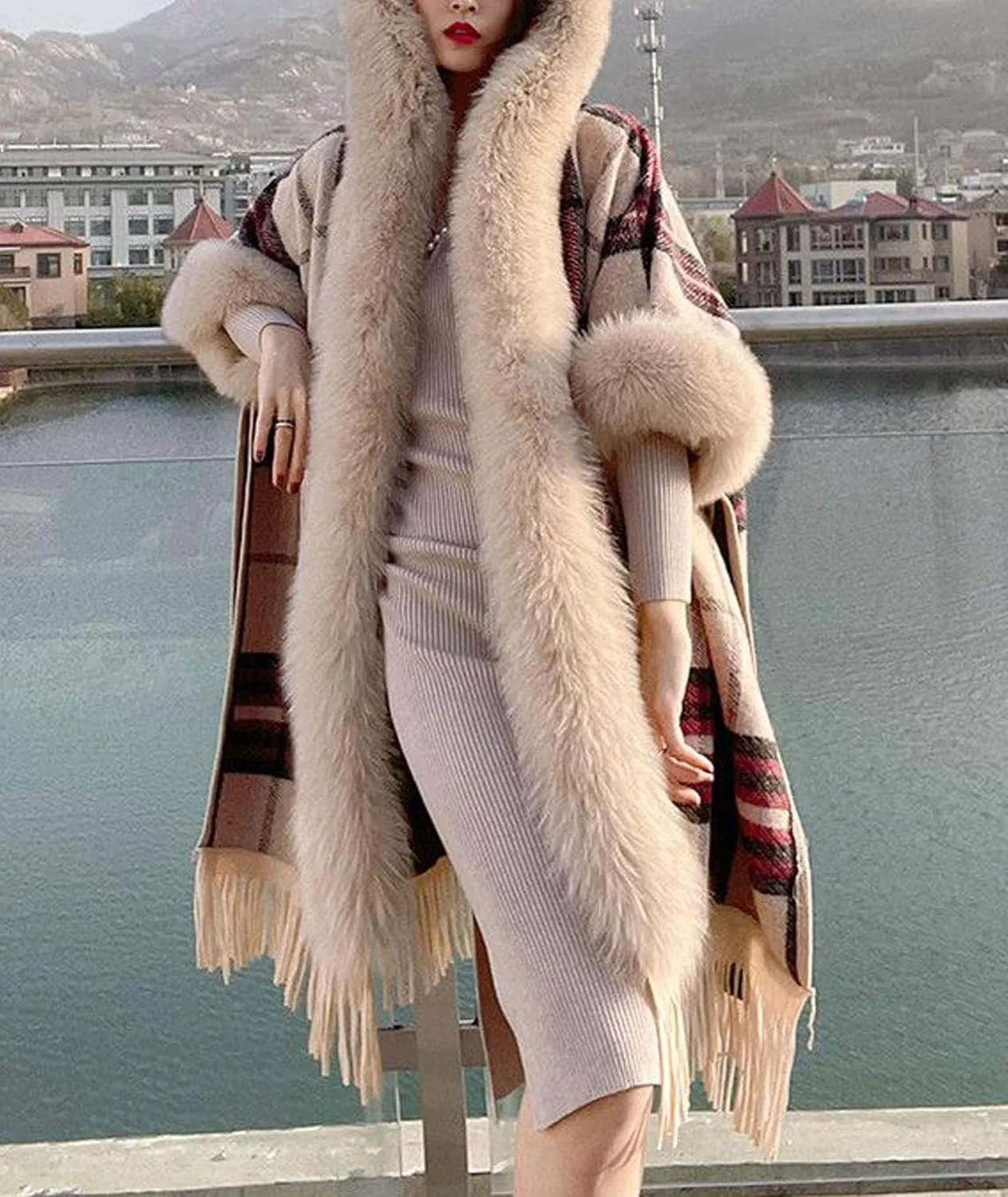 SOMTHRON Women's Faux Fur Trim Shawl Wrap Poncho Cape Coat Open Front Winter Fringe Hooded Knitted Sweater Cardigan