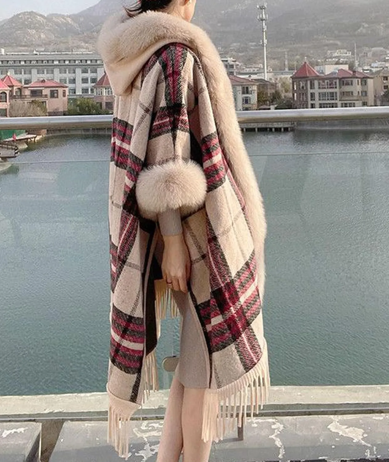 SOMTHRON Women's Faux Fur Trim Shawl Wrap Poncho Cape Coat Open Front Winter Fringe Hooded Knitted Sweater Cardigan