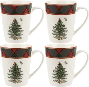 Spode Christmas Tree Tartan Mugs (Set of 4) - 14 Ounce Festive Holiday Coffee Cups for Tea, Hot Cocoa, Coffee - Porcelain Mugs with Tartan Border, Dishwasher & Microwave Safe Holiday Drinkware