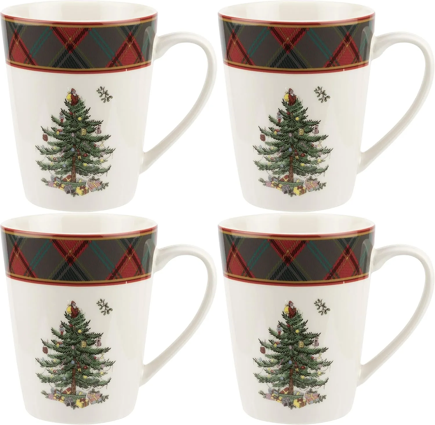 Spode Christmas Tree Tartan Mugs (Set of 4) - 14 Ounce Festive Holiday Coffee Cups for Tea, Hot Cocoa, Coffee - Porcelain Mugs with Tartan Border, Dishwasher & Microwave Safe Holiday Drinkware