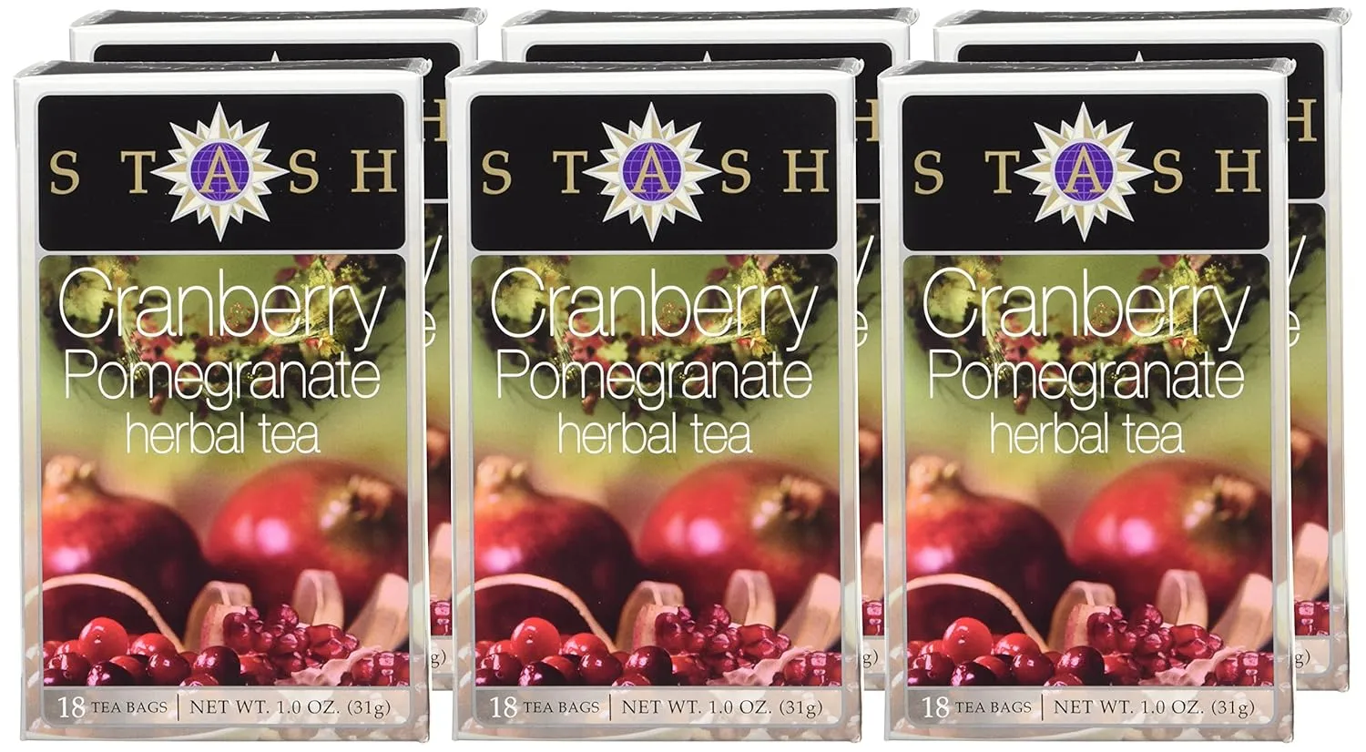 Stash Tea Cranberry Pomegranate Herbal Tea - Naturally Caffeine Free, Non-GMO Project Verified Premium Tea with No Artificial Ingredients, 18 Count (Pack of 6) - 108 Bags Total
