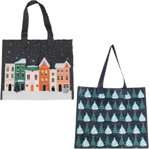Steel Mill & Co Grocery Tote Set, Reusable Shopper Bags for Groceries, Large Christmas/Holiday Totes, Village and Trees