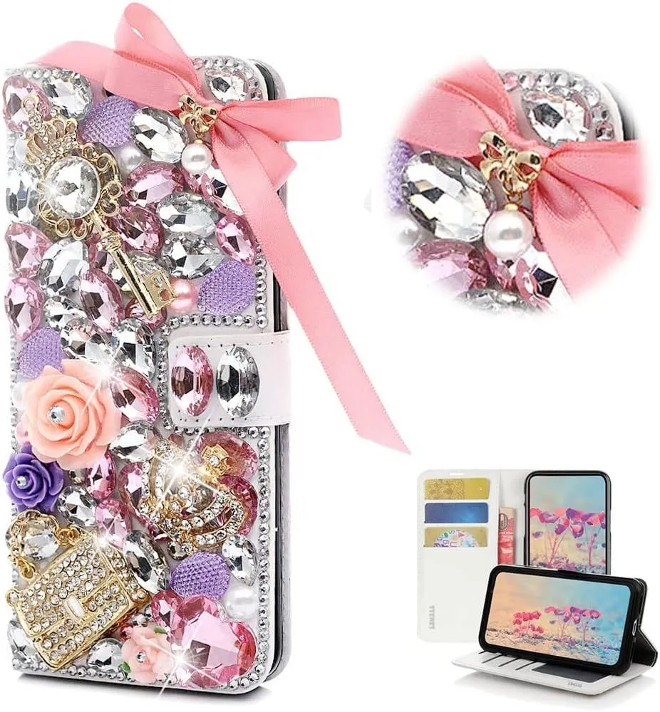 STENES Bling Wallet Phone Case Compatible with Samsung Galaxy S25 Edge 5G - Stylish - 3D Handmade Crystal Bow Key Rose Bag Crown Magnetic Wallet Stand Girls Women Leather Cover - Pink