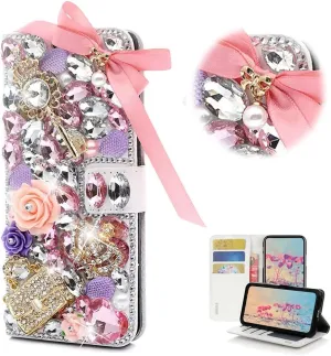 STENES Bling Wallet Phone Case Compatible with Samsung Galaxy S25 Edge 5G - Stylish - 3D Handmade Crystal Bow Key Rose Bag Crown Magnetic Wallet Stand Girls Women Leather Cover - Pink