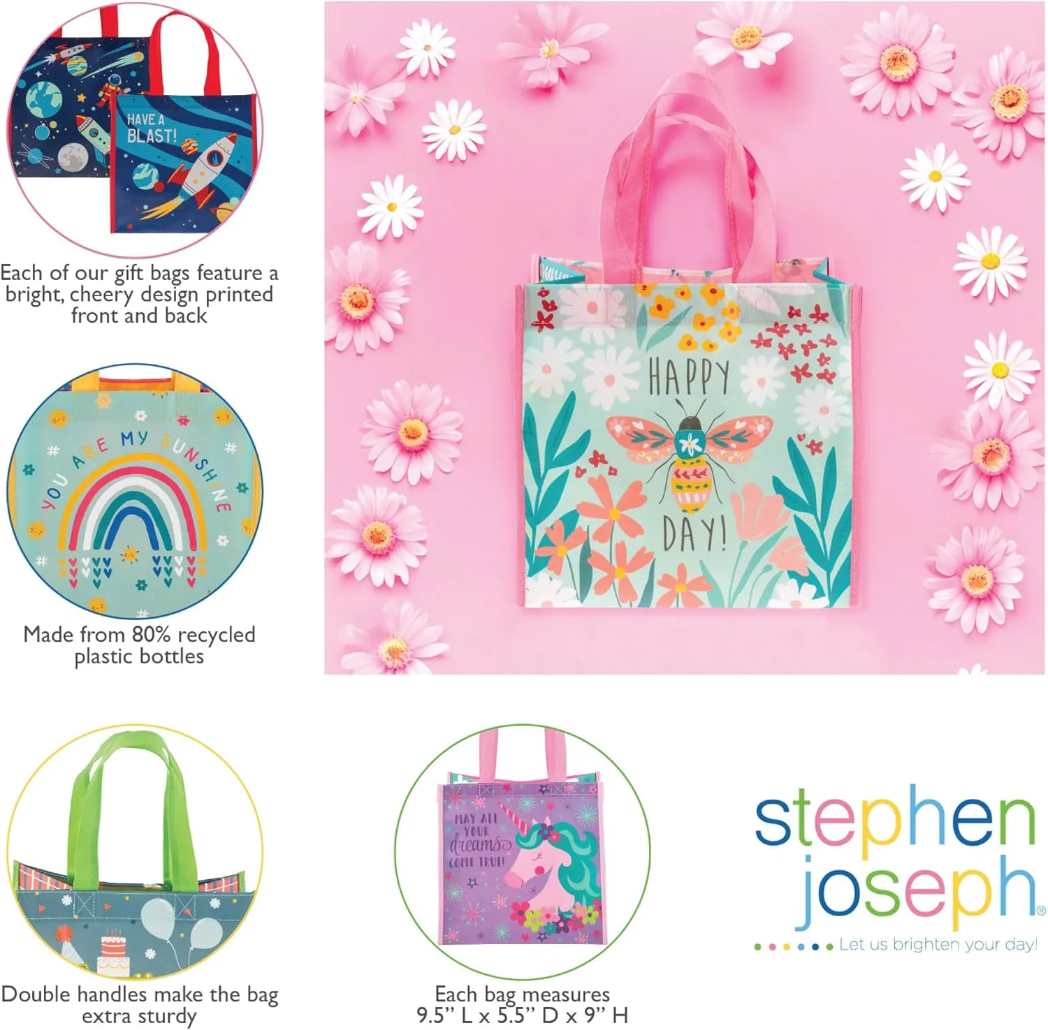 Stephen Joseph, Medium Recycled Gift Bag with Handles, Kids,Reusable Birthday Party ,Shopping Bag