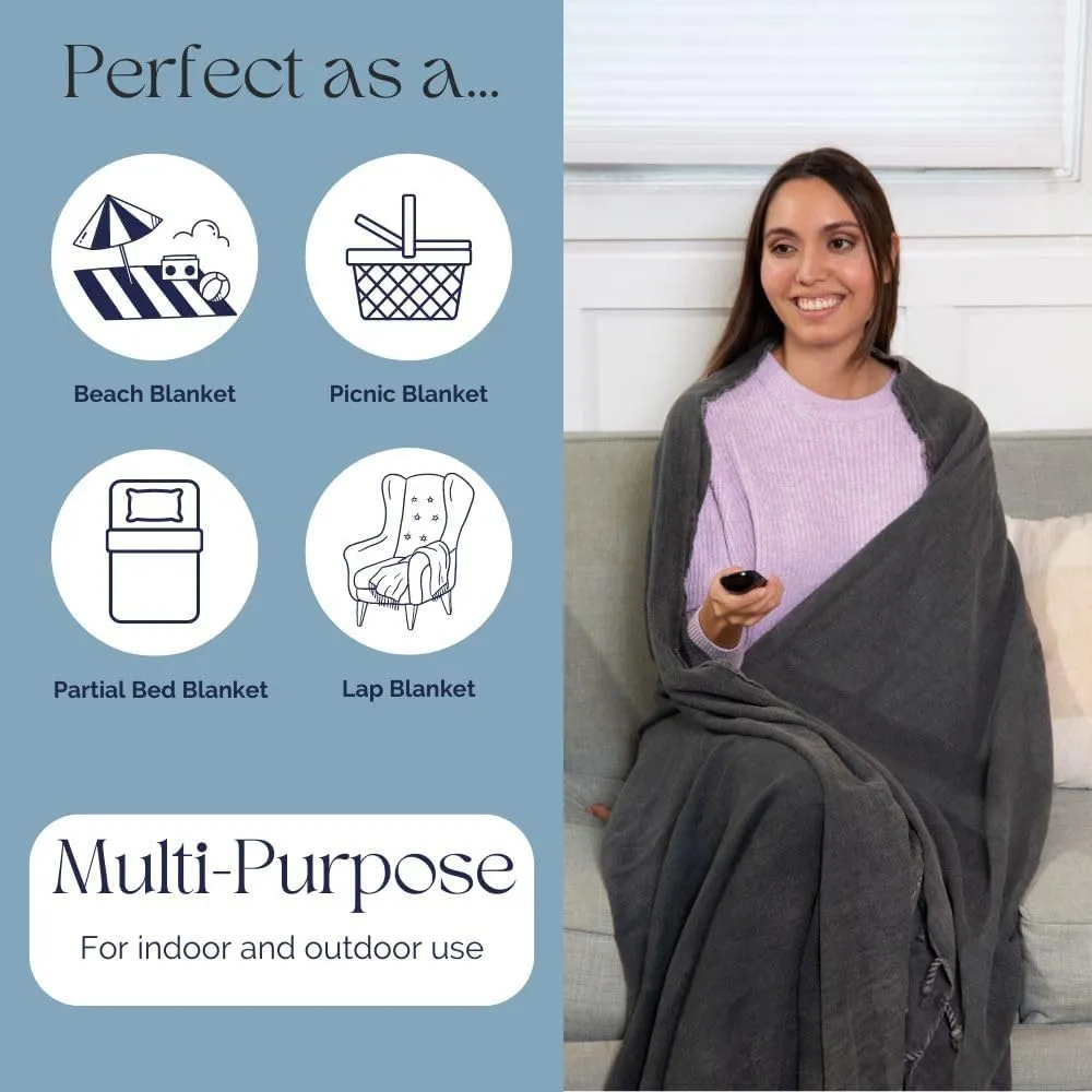 Stonewashed Turkish Throw Blanket - 100% Organic Turkish Cotton - 80" x 57" - Soft, Lightweight, Cozy - for Love Seat, Sofa, Picnic, Yoga - Sand Free Absorbent Beach Blanket - Charcoal Grey