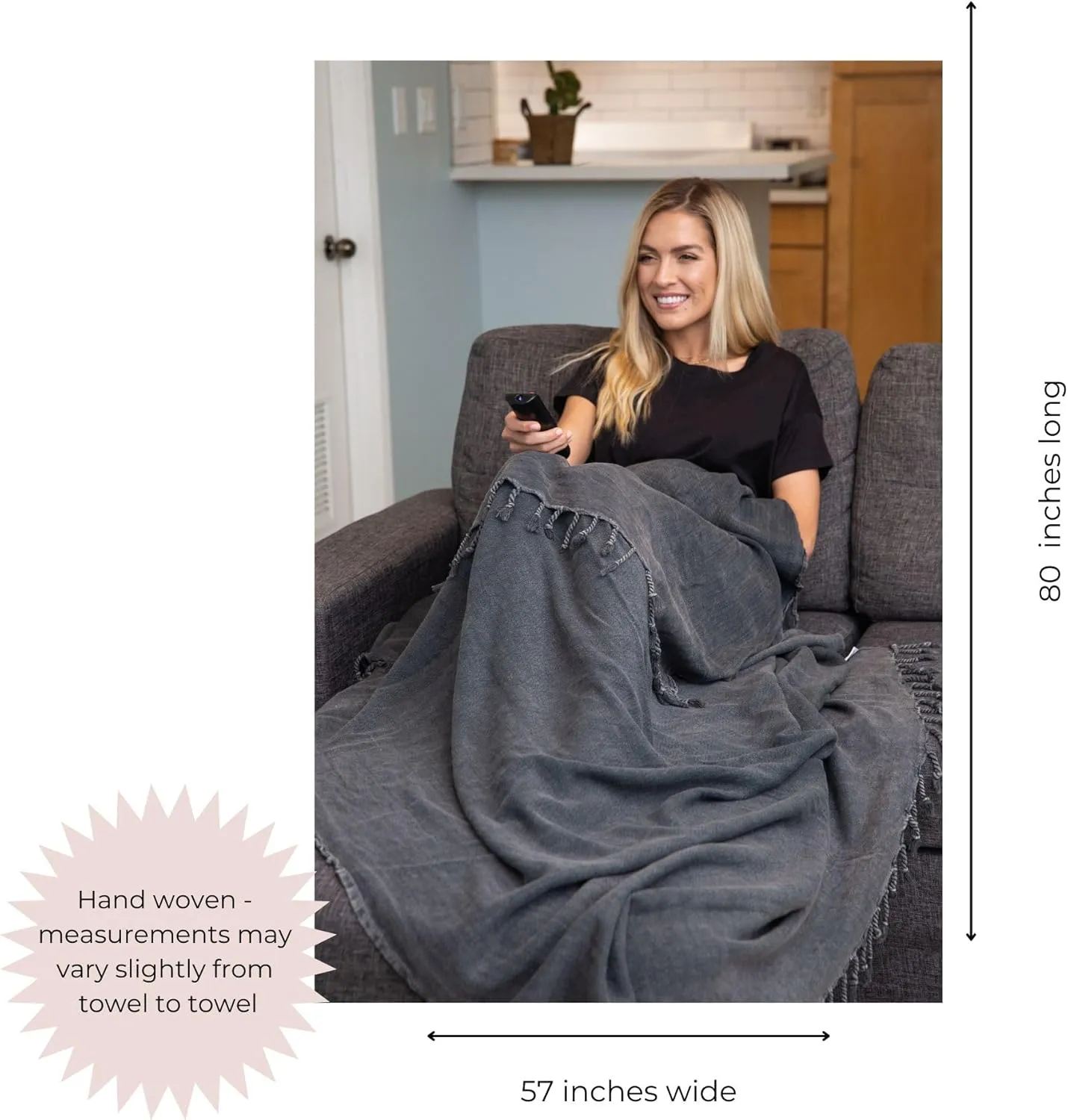 Stonewashed Turkish Throw Blanket - 100% Organic Turkish Cotton - 80" x 57" - Soft, Lightweight, Cozy - for Love Seat, Sofa, Picnic, Yoga - Sand Free Absorbent Beach Blanket - Charcoal Grey